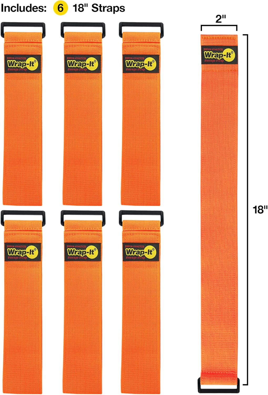 Super-Stretch Wrap-It Storage Straps - (6) 18" Orange - Elastic Hook and Loop Cinch Straps - Extension Cord Organizer, Hose and Cables Straps, Cord Wrap, Cord Keeper, Garage and RV Storage Accessories