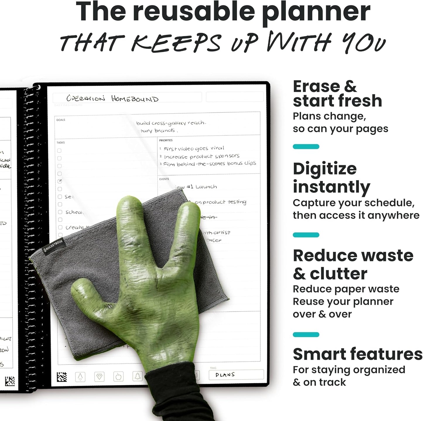 Rocketbook Flex Reusable Planner, Smart Undated, Daily, Weekly, Monthly, Annual Calendar Templates, Letter Size 8.5x11, Green (Pack of 1)