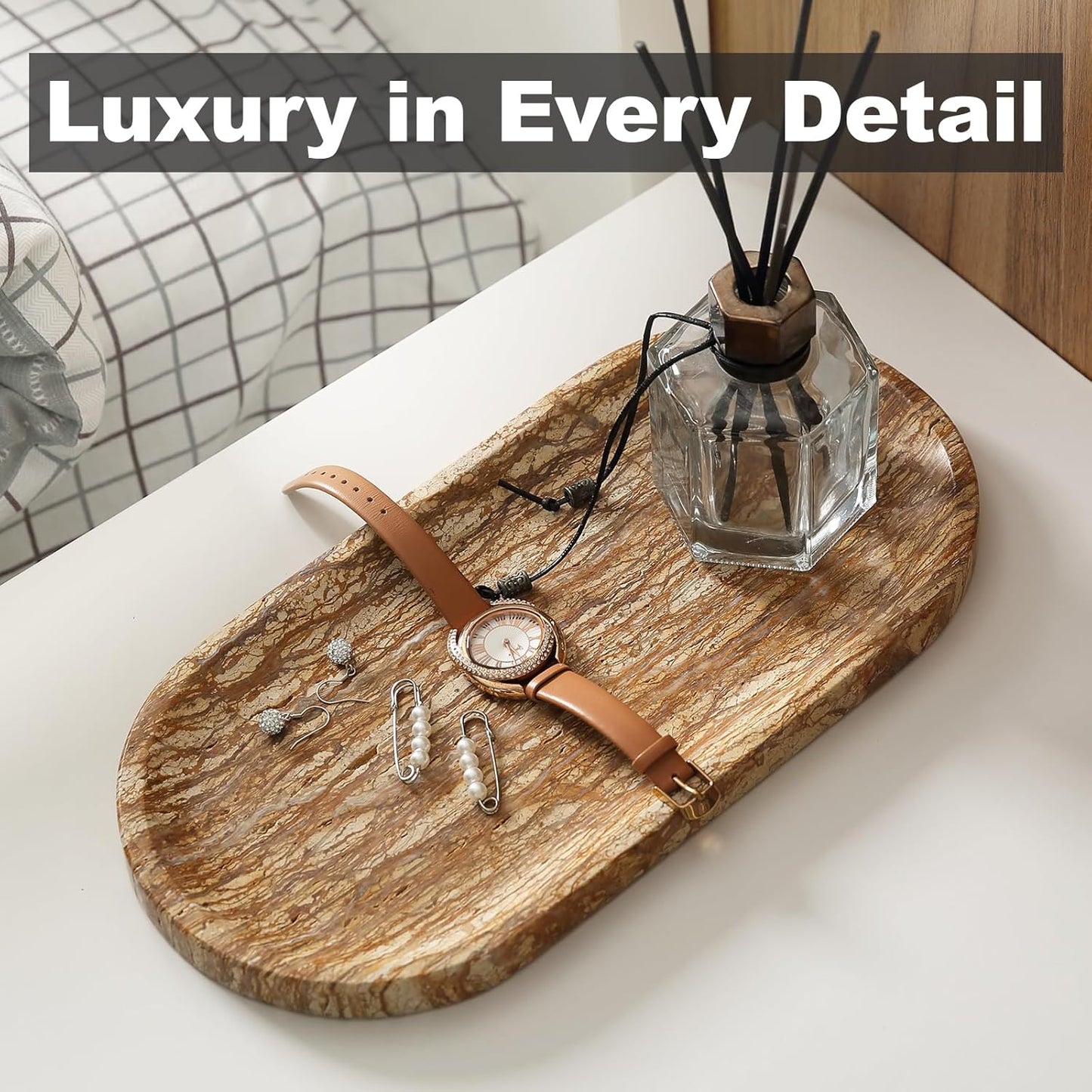 Koville Turkish Natural Marble Tray, 12"x6" Vanity Decorative Tray for Countertop Organizer, Catchall Tray for Perfume, Candles, Jewelry Dish