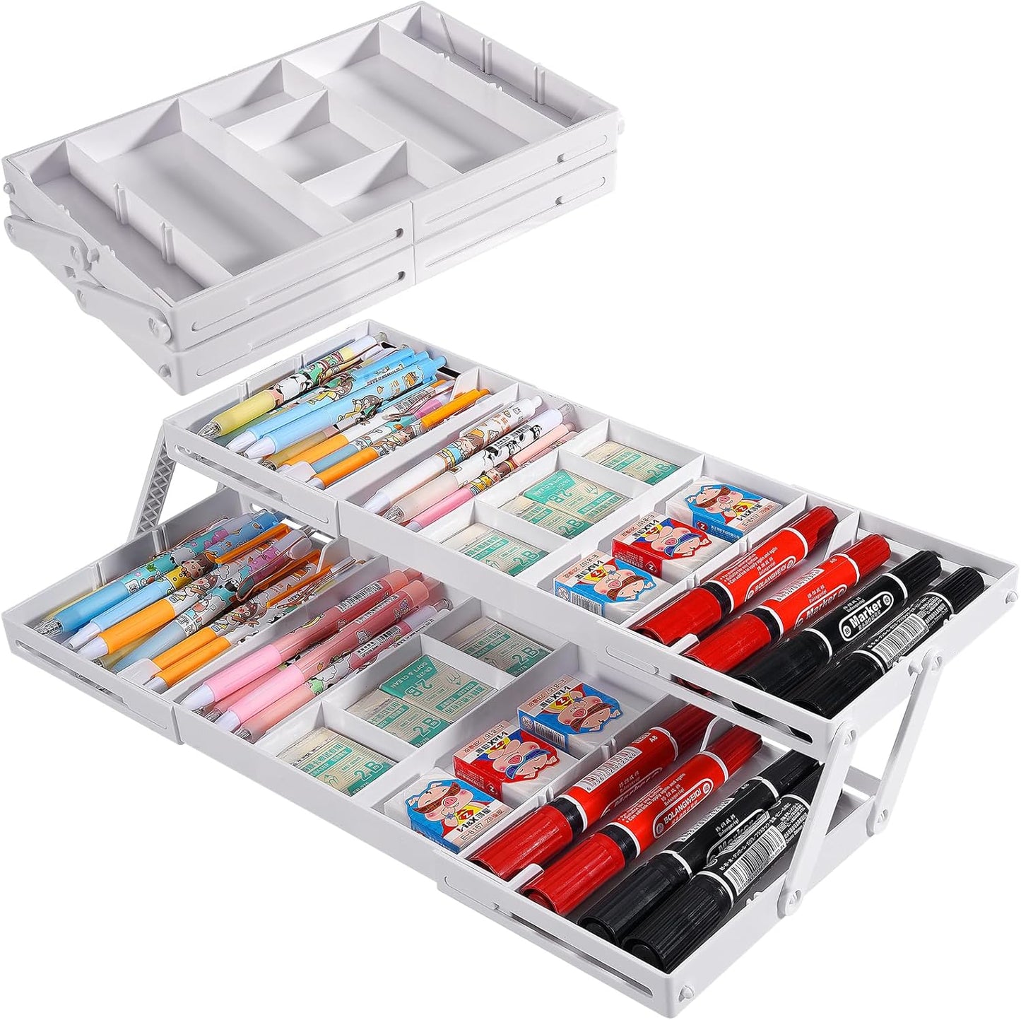 Aobiono Multi Level Smart Drawer Organizer, Multi Tier Expandable Storage Collapsible Foldable Trays for Jewelry, Cosmetics, Makeup, Tools, Battery (White, Single Row - 2 Levels)