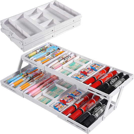 Aobiono Multi Level Smart Drawer Organizer, Multi Tier Expandable Storage Collapsible Foldable Trays for Jewelry, Cosmetics, Makeup, Tools, Battery (White, Single Row - 2 Levels)