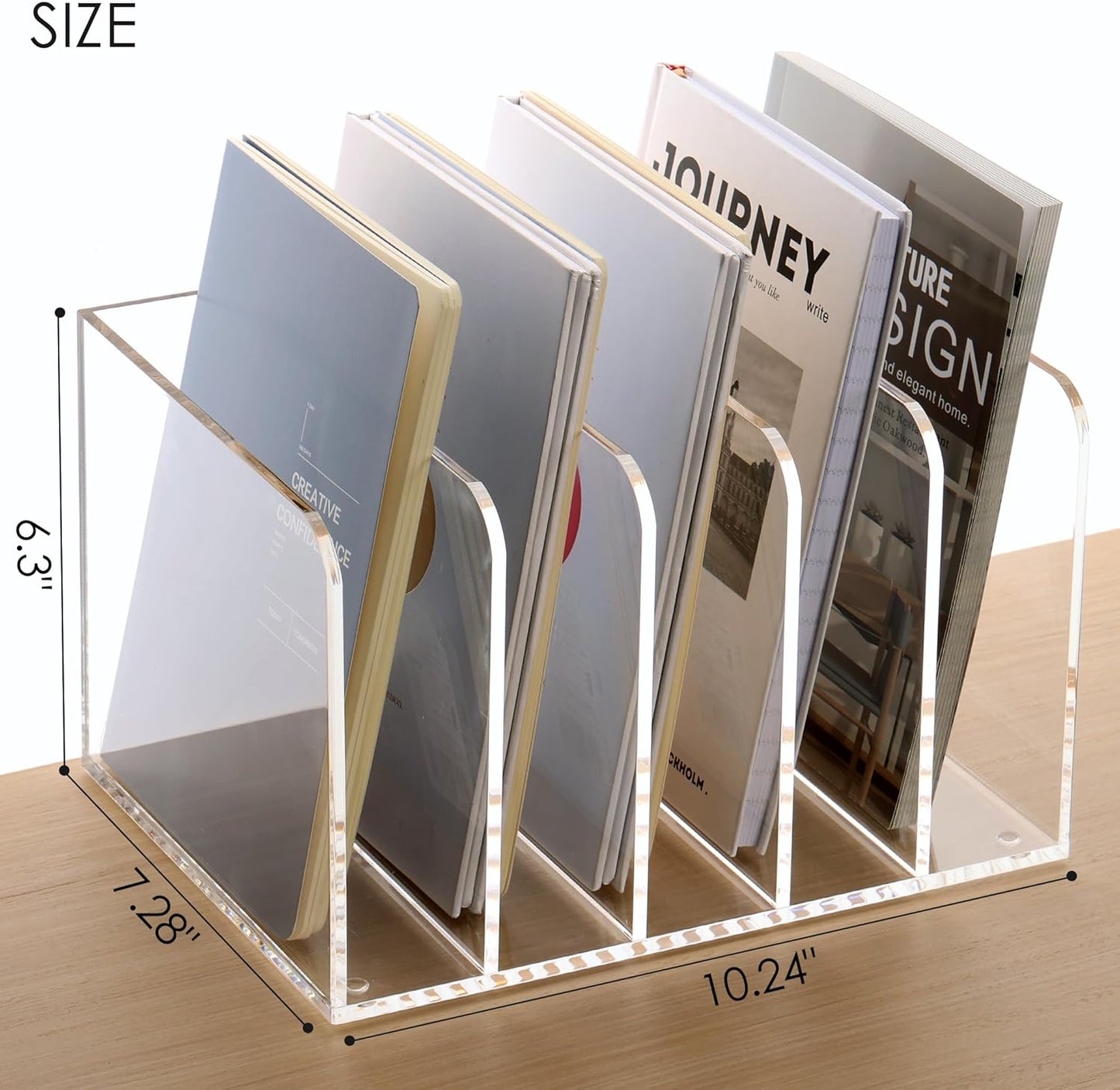 SANRUI Acrylic File Organizer, Clear Magazine File Holder Desk Organizer for Office Organization and Storage with 5 Vertical Compartments, Desktop Bookshelf for Home Office Organization