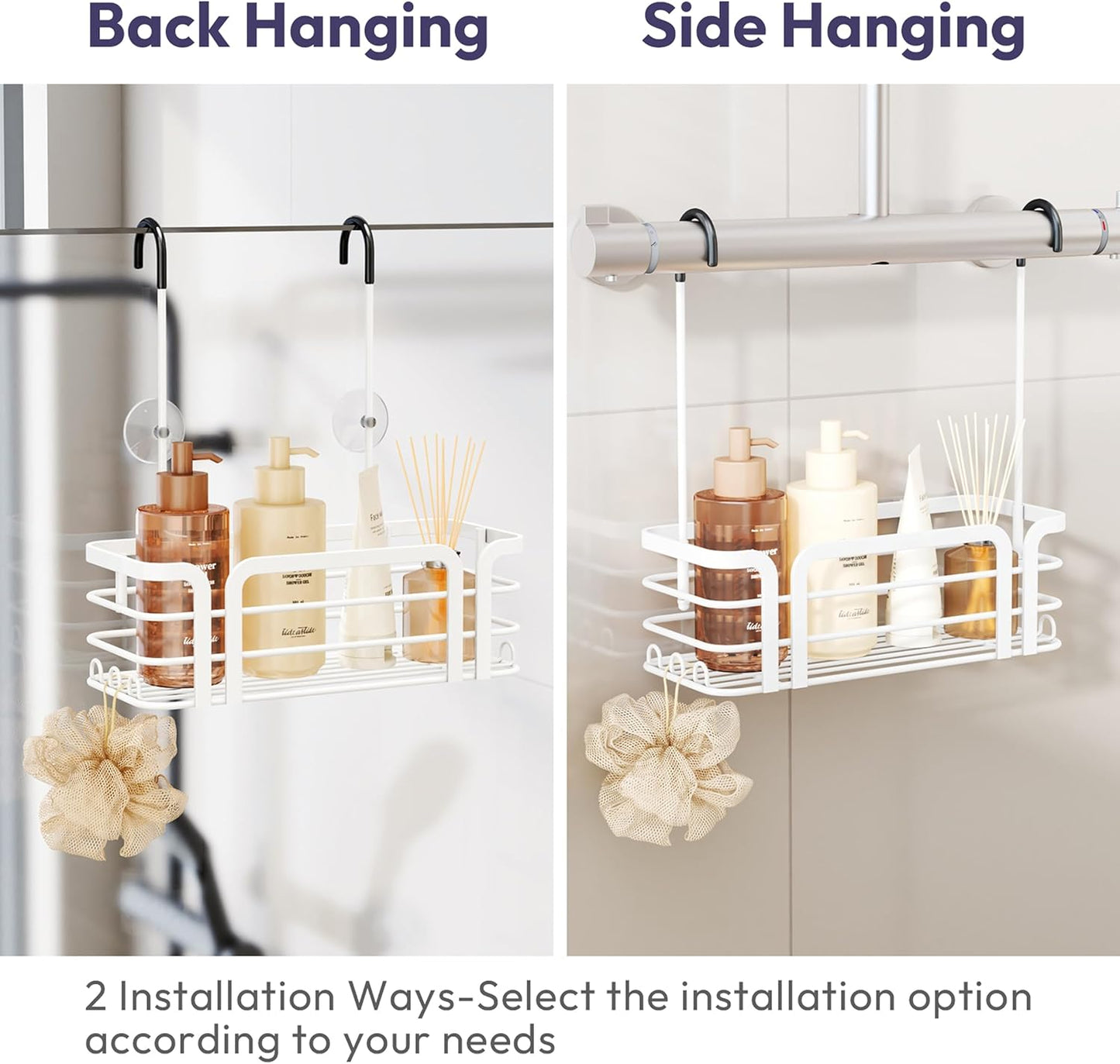SWTYMIKI Shower Caddy Hanging Organizer - Over the Door Shower Caddy with 6 Hooks, 2 Installation Ways, Stainless Steel Rustproof Bathroom Organizer, White