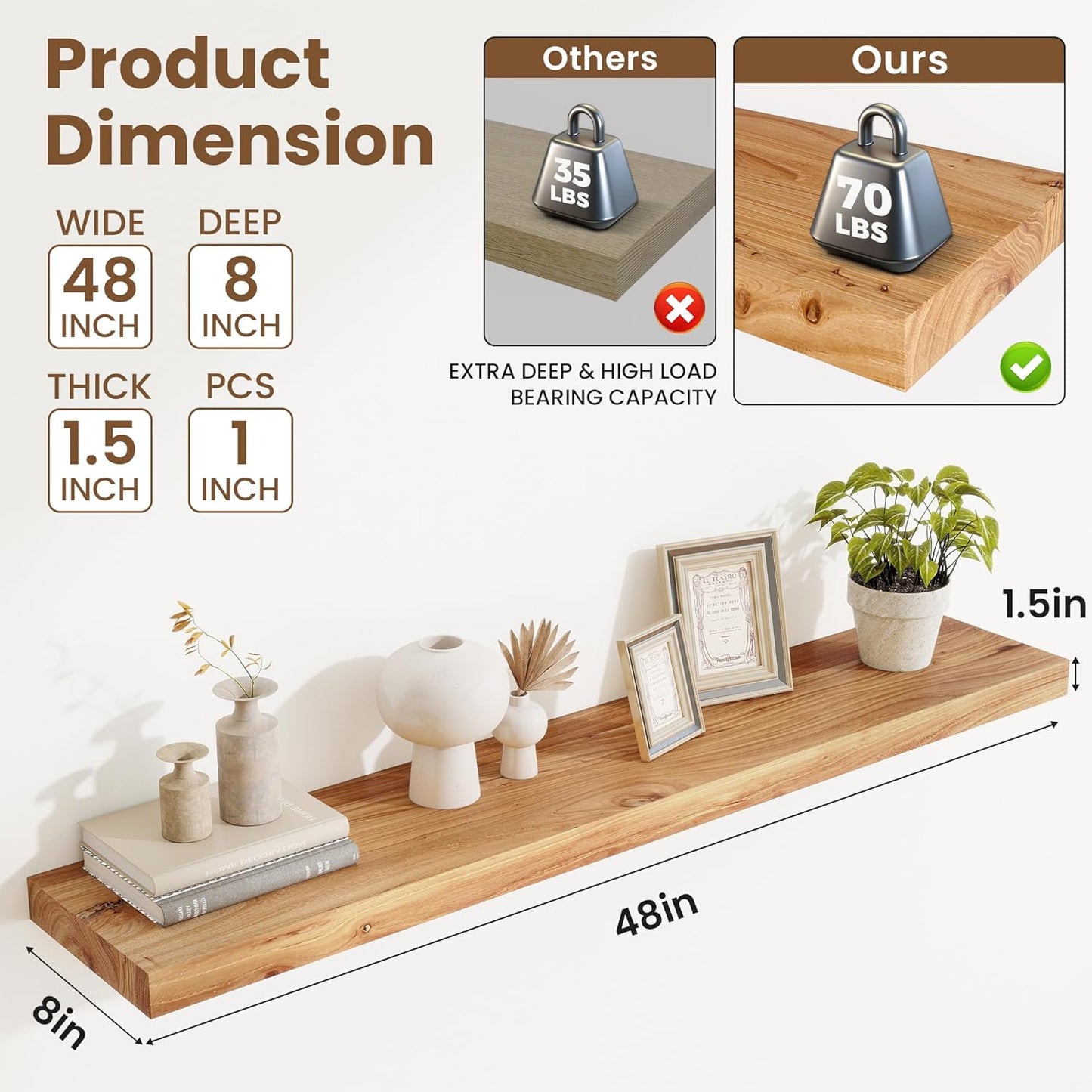 Floating Shelves, 8" Deep Rustic Solid Elm Wood Wall Mounted Floating Shelves, Wall Shelves with Invisible Bracket for Living Room Bathroom Bedroom Kitchen, 48 Inch, Natural