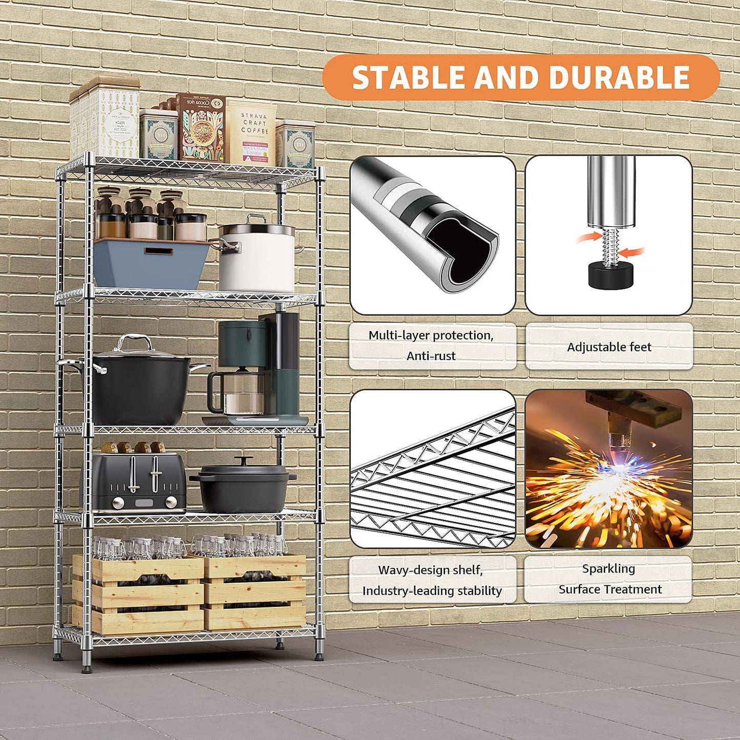 MZG 1750 lbs 5 Tier Storage Rack Metal Wire Shelving Unit, Storage Standing Household Shelf Organizer for Kitchen Pantry Closet Garage Basement Utility Room, Chrome 15.7" D x 45.3" W x 70.4" H