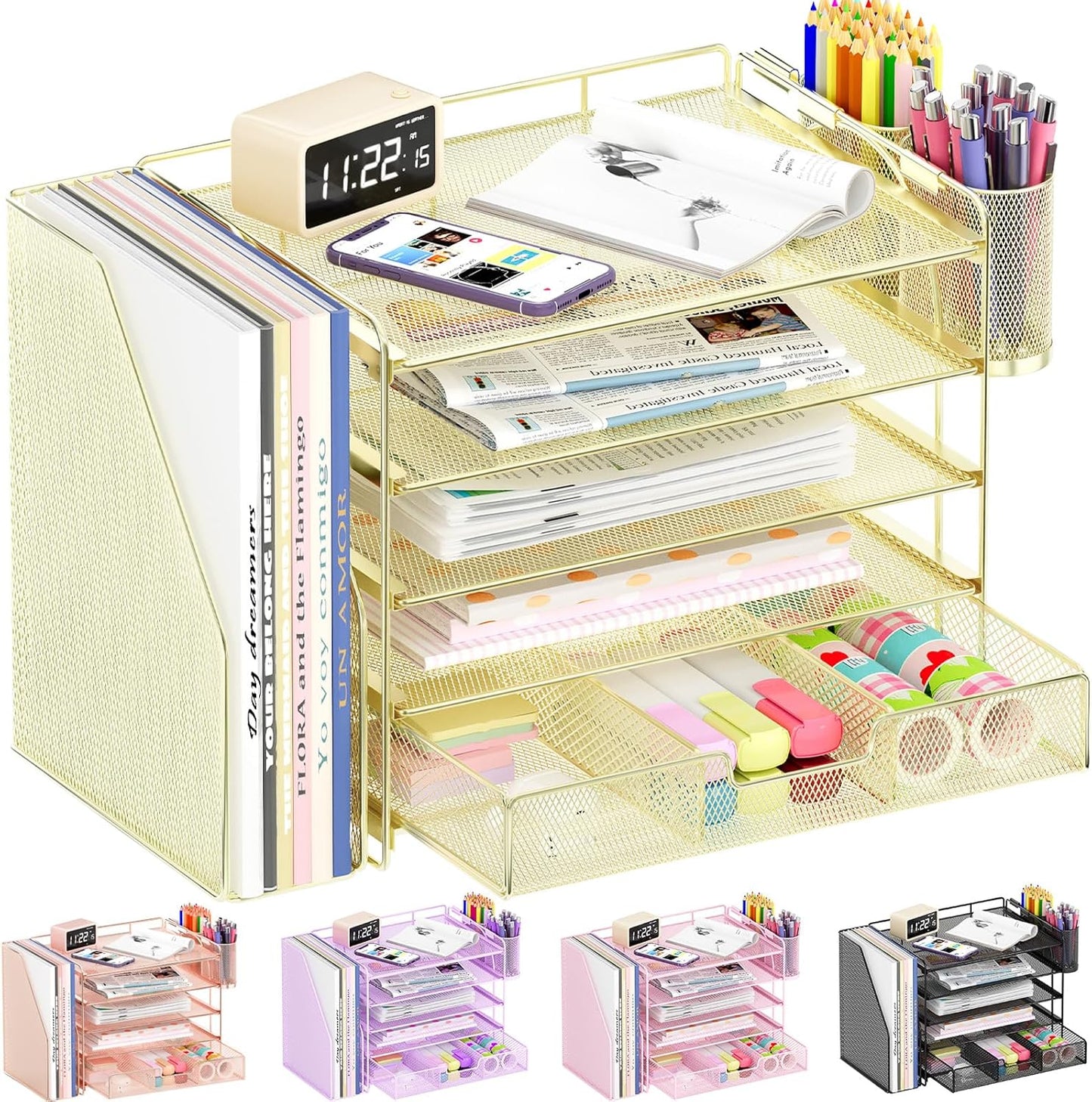 Desk Organizers and Accessories with File Holder, 5-Tier Office Desk Accessories & Workspace Desktop Organizer with Drawer and 2 Pen Holder, File Paper Organizer for Office Supplies(Gold)