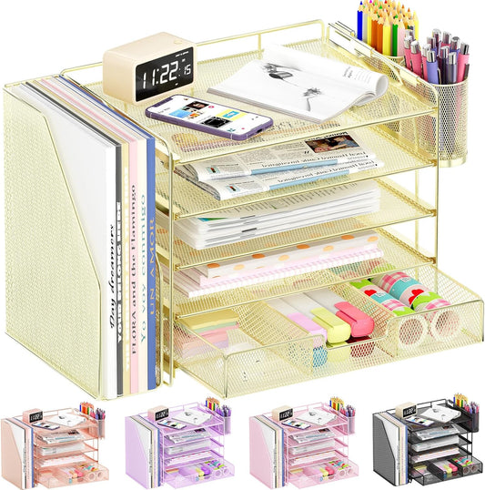 Desk Organizers and Accessories with File Holder, 5-Tier Office Desk Accessories & Workspace Desktop Organizer with Drawer and 2 Pen Holder, File Paper Organizer for Office Supplies(Gold)