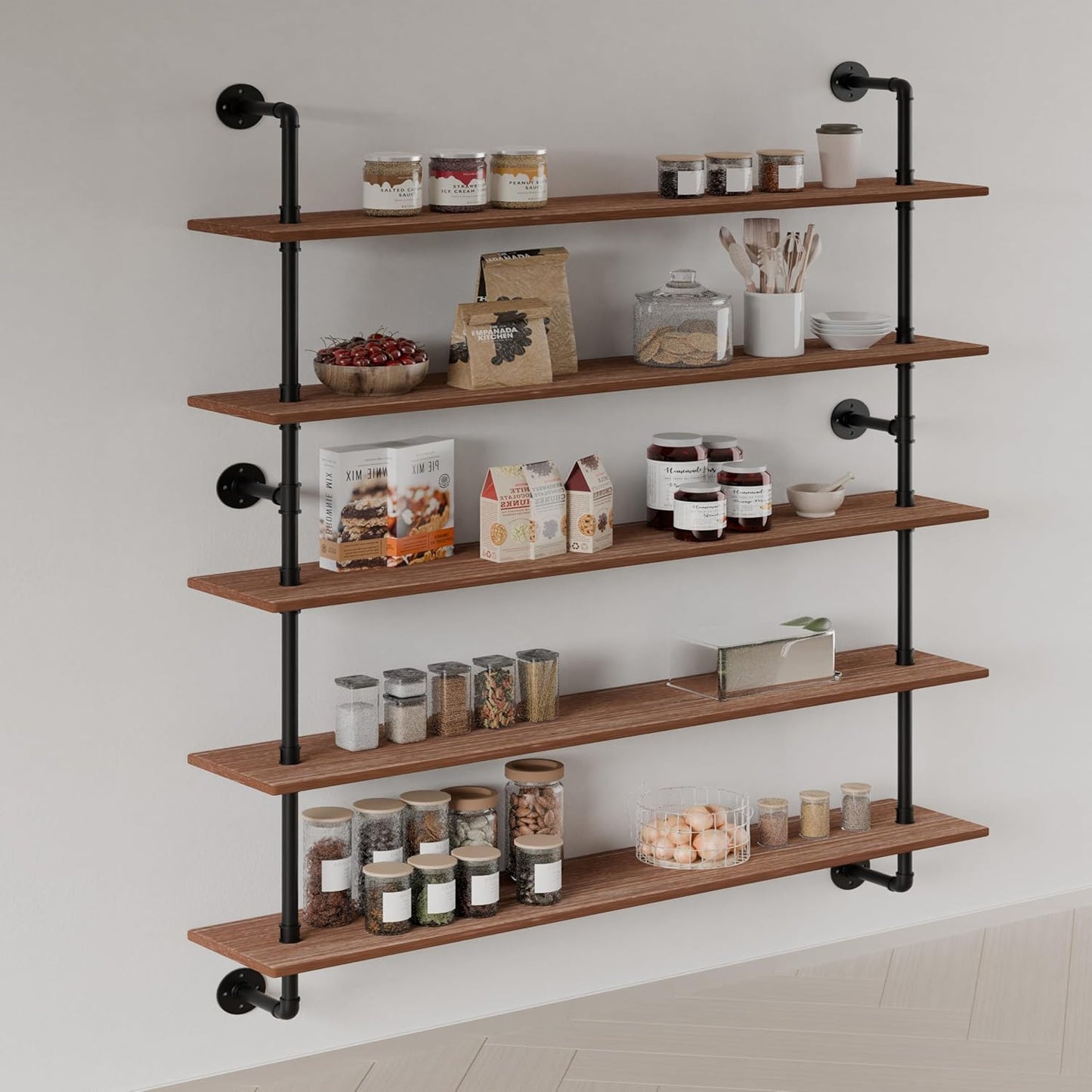 Floating Shelves for Wall Bookshelf Industrial Pipe Shelving Shelves 48 Inch 5 Tier Natural Wood Planks Rustic Wall Shelves Hanging Bookshelves Farmhouse Kitchen Shelving