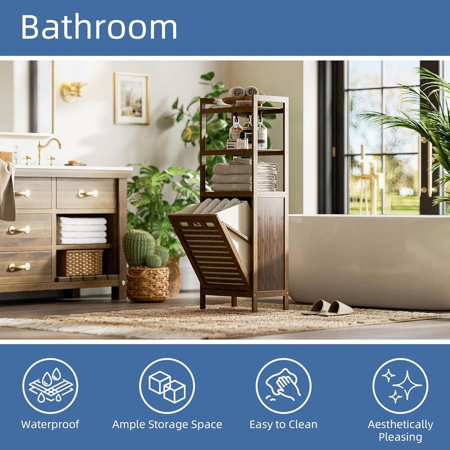 HITNET Bamboo Tilt Out Laundry Hamper, Bathroom Storage Cabinet with Hidden Removable Basket and 3 Open Shelves, Space Saving Bamboo Storage for Clothes, Towels and Toys, Walnut