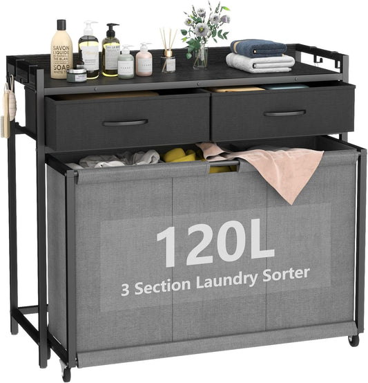 Laundry Hamper Laundry Basket with 3 Section Pull-Out Rolling Bags, Laundry Sorter for Organization and Storage with 2 Pull-Out Drawers for Laundry Room, Bathroom, Bedroom Use (Black)