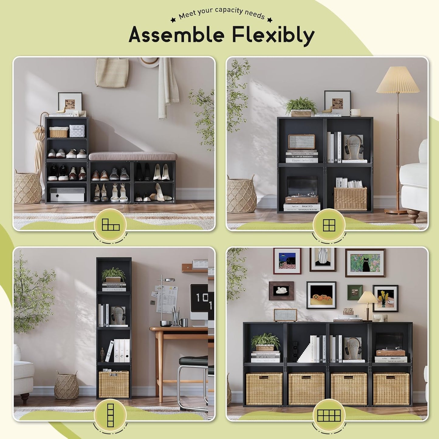 2-Tier Stackable Cube Storage Organizer, DIY Open Storage Display Bookcase with Anti-Tip Design, Cube Book Shelf for Bedroom, Office, Dorm,15" W x 11.81" D x 30" H, Black