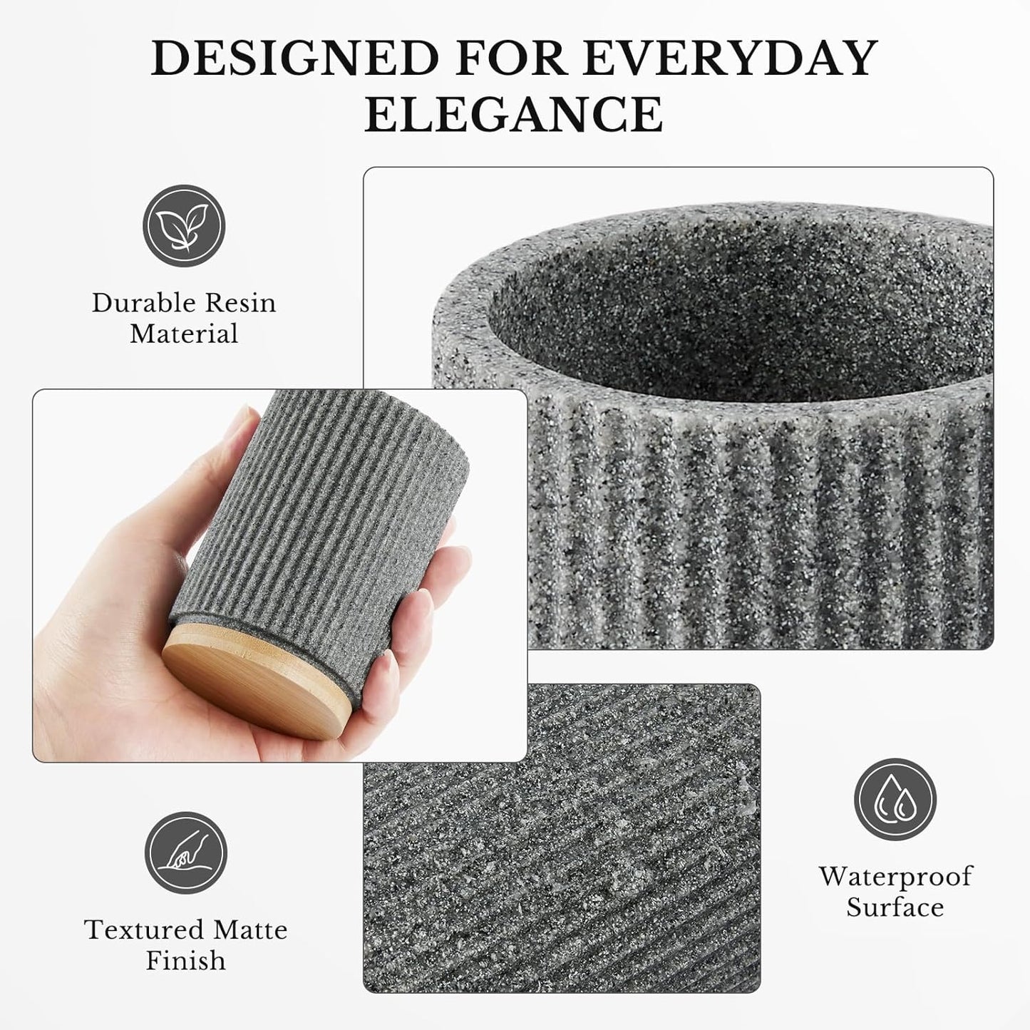 Bathroom Accessories Set, 7PCS Resin Bathroom Set with Bamboo Base, with Soap Dispenser, Q-tip Holder, Toothbrush Holder, Tumbler, Soap Dish, Vanity Tray, Complete Bathroom Set for Modern Decor,Grey