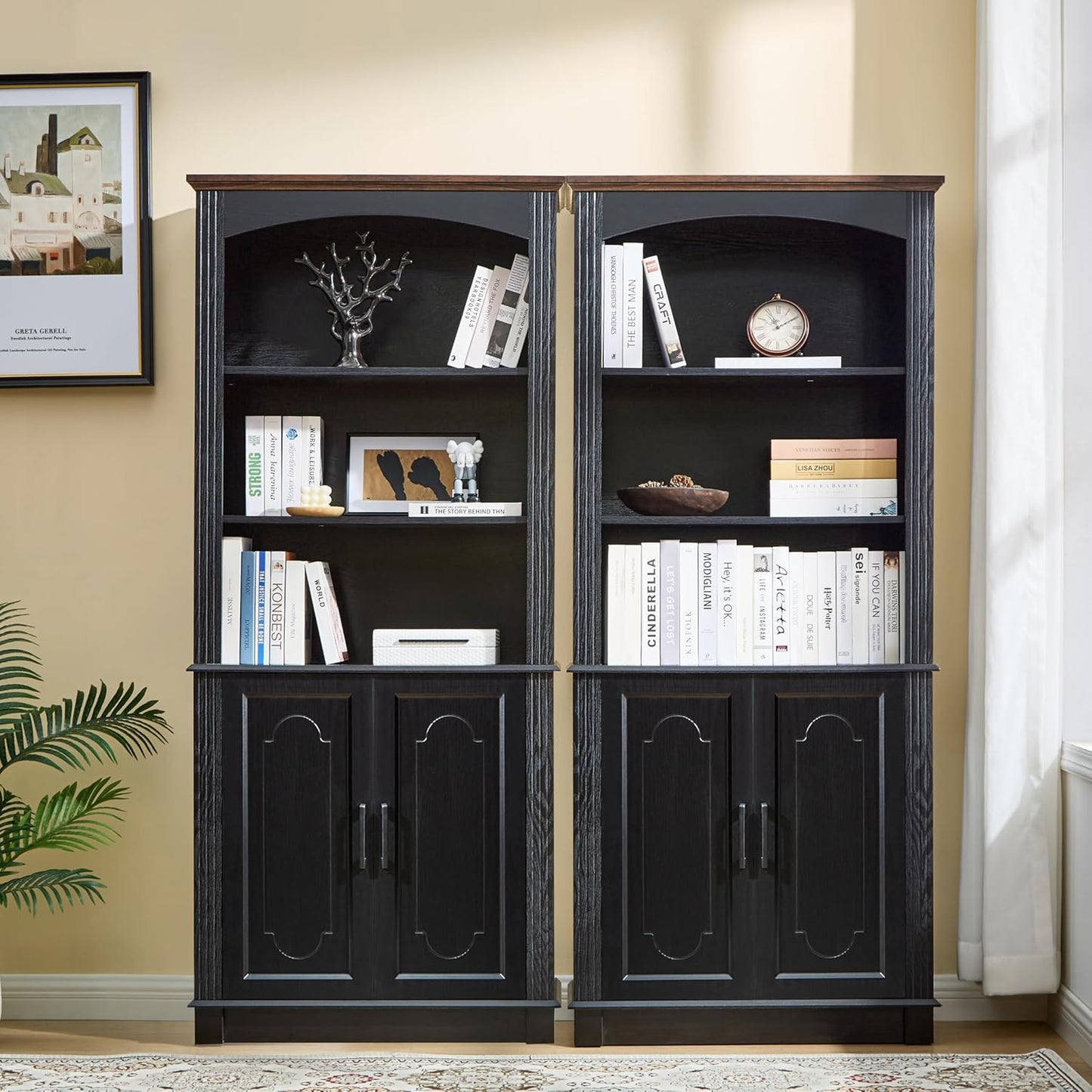 Black 5 Tier Book Shelf and Bookshelf with Storage Cabinet Doors, 72 Inch Tall Bookcase, Wooden Cube Storage Organizer, Kids Bookshelf, Display Cabinet for Bedroom Furniture, Living Room, Pantry