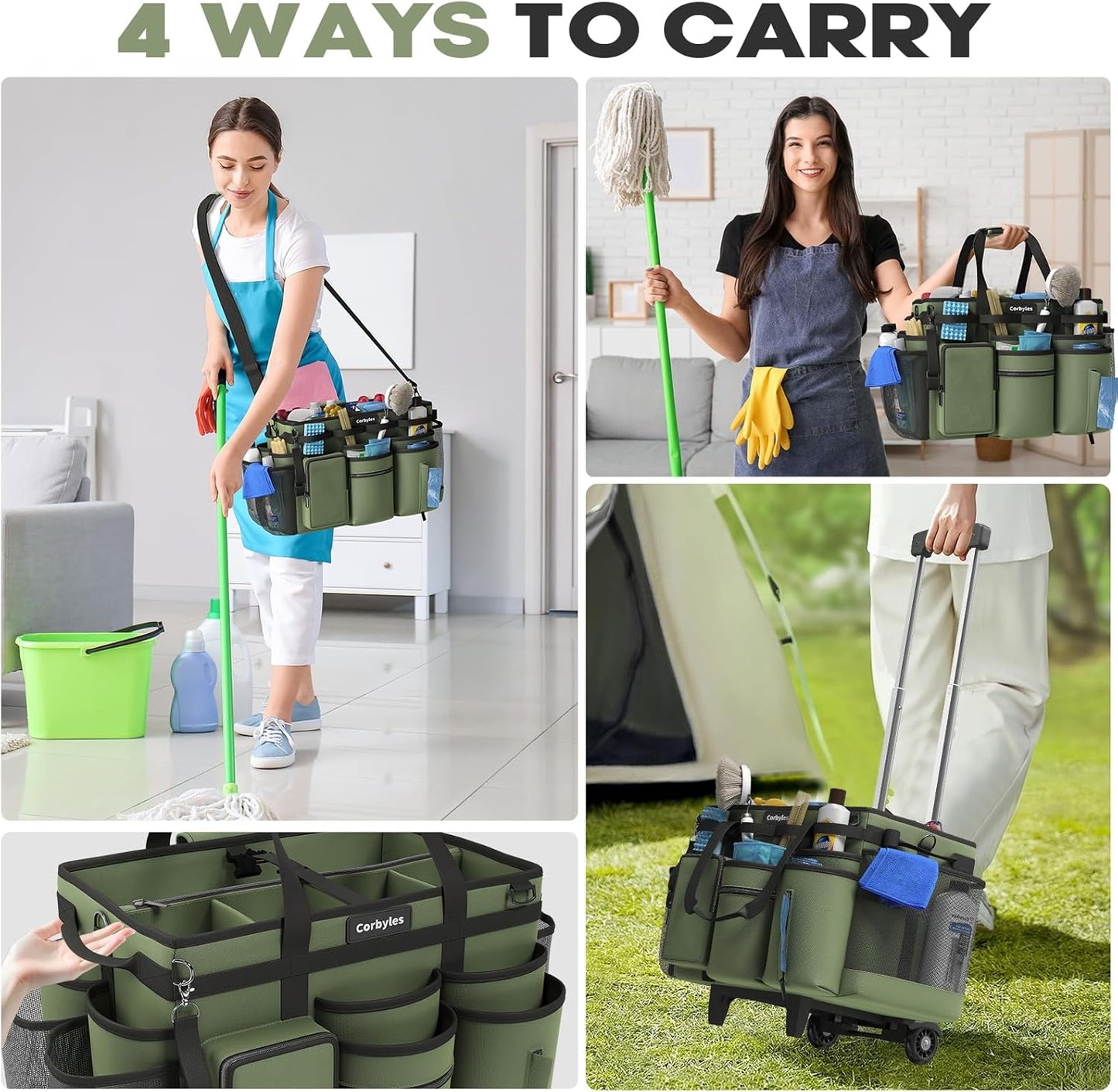 Rolling Cleaning Caddy Bag with Detachable Trolley, Cleaning Supplies Organizer Cart on Wheels, Cleaning Supply Caddy for Housekeepers, Large Professional Detailing Bag Tote for Home, Car (Green)