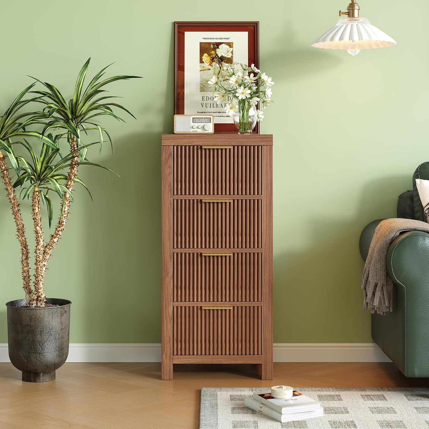 Mid-Century Modern Tall Wooden Dresser with 4 Spacious Drawers, Entryway Storage Chest with Smooth Metal Handles, Bedroom Clothes Organizer for Entryway, Office, and Small Spaces, Walnut