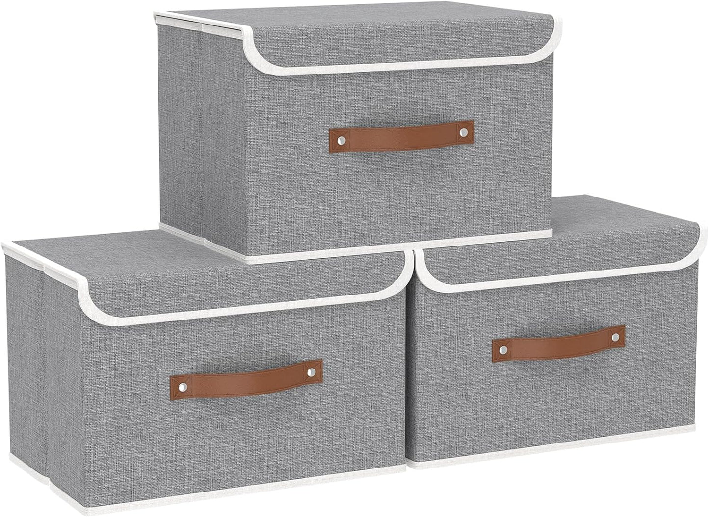 Yawinhe Storage Bins with Lids, Closet Baskets, Washable and Leather Handle, Collapsible Boxes for Home, Grey, 17.7''Lx11.8''Wx11.8''H, 3-Pack, USNK024GX-3
