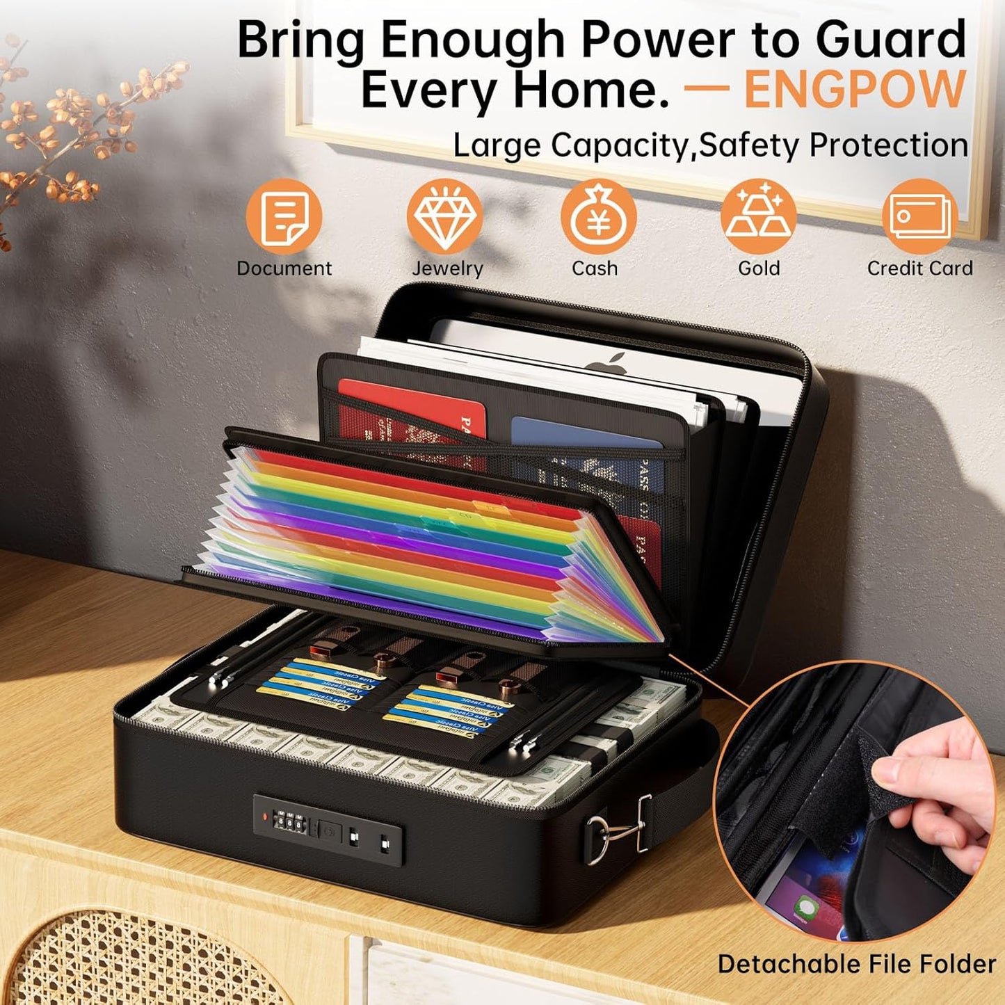 ENGPOW Fireproof Document Box with Lock, Fireproof Water Resistant Hard Case File Organizer Safe Box with Multi Pockets, Protects Important Documents Certificates Laptop Passports (Black)