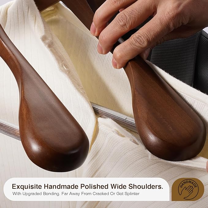 Coat Hangers 10 Pack Suit Hangers for Men for Women,Wide Shoulder Wooden Hangers with Retotating Hooks & Non Slip Pants Bar,Smooth Finish Suit Hanger for Sweater, Pants, Heavy Clothes(Walnut)