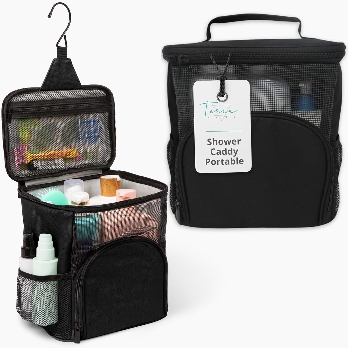 Original Portable Shower Caddy For College Dorms - Foldable Mesh Tote - Dorm Room Essentials - Durable Hanging Travel Shower Bag - Perfect for College Students, Men, Women (Black)