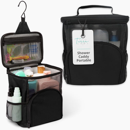 Original Portable Shower Caddy For College Dorms - Foldable Mesh Tote - Dorm Room Essentials - Durable Hanging Travel Shower Bag - Perfect for College Students, Men, Women (Black)