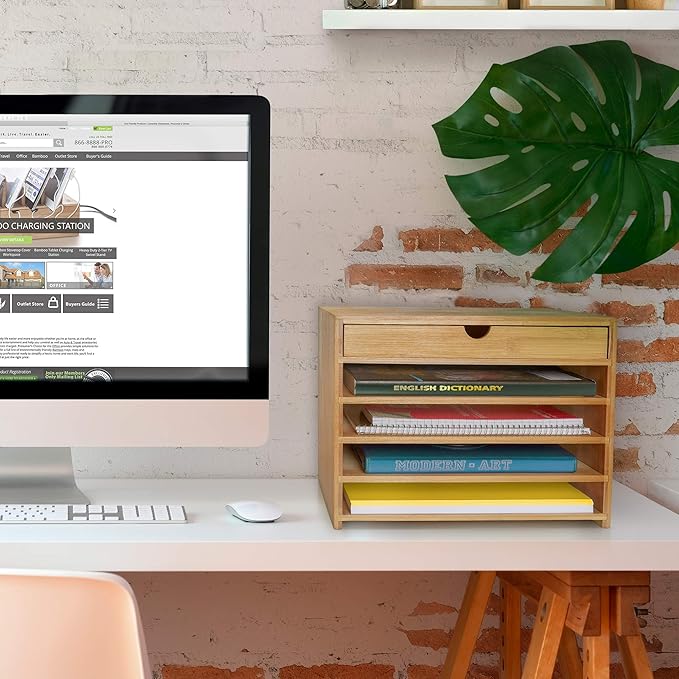 Prosumer's Choice Bamboo Four Cubby Paper Letter Tray Organizer with Single Pull-Out Drawer for Home and Office | Desktop Organizer with Drawer - Natural Bamboo Color