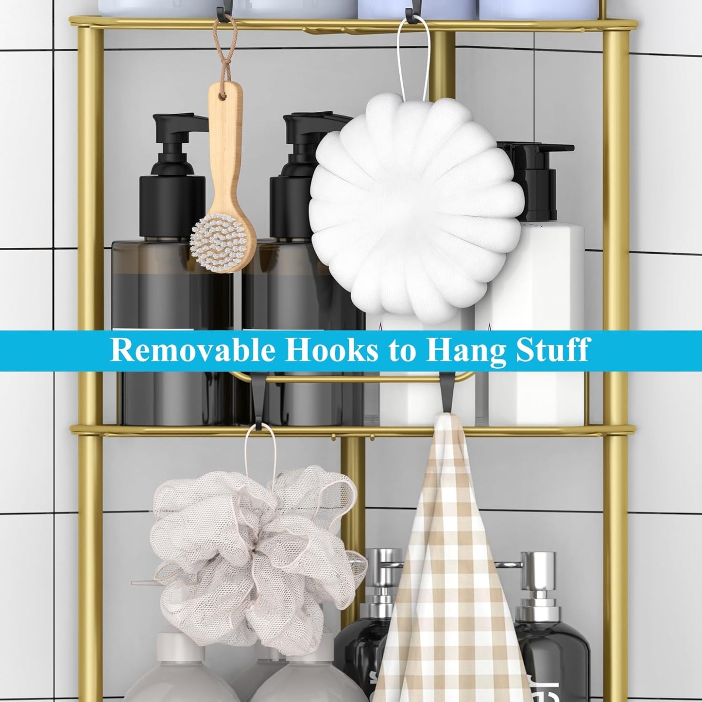 3 Tier Floor Standing Corner Shower Caddy Organizer Shelf with Hooks, Bathroom Shelves Stand Rack, Gold