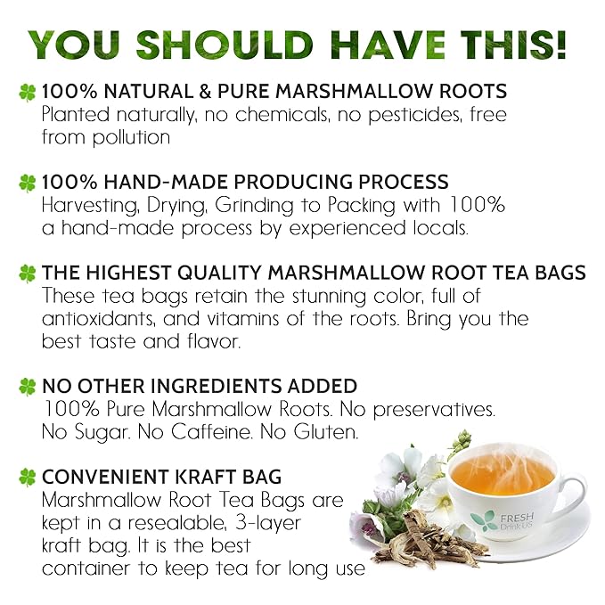 FreshDrinkUS, Premium 55 Marshmallow Root Tea Bags, 100% Natural & Pure from Marshmallow Root, Eco-Conscious Tea Bags, Herbal Tea. No Sugar, No Caffeine, No Gluten, Vegan.