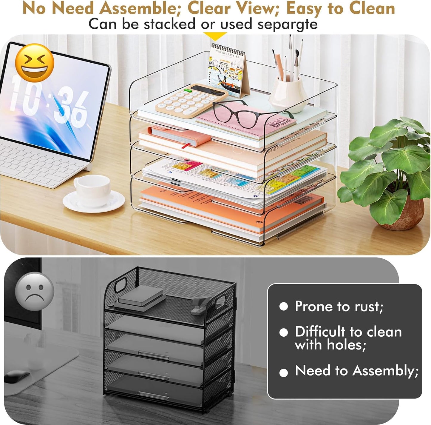 YKLSLH 4 Trays Paper Organizer Letter Tray - Acrylic Desk File Organizer, Stackable Clear Paper Holder Sorter Office Organizer for Letter/A4, Office File Ipad Books Notes Etc