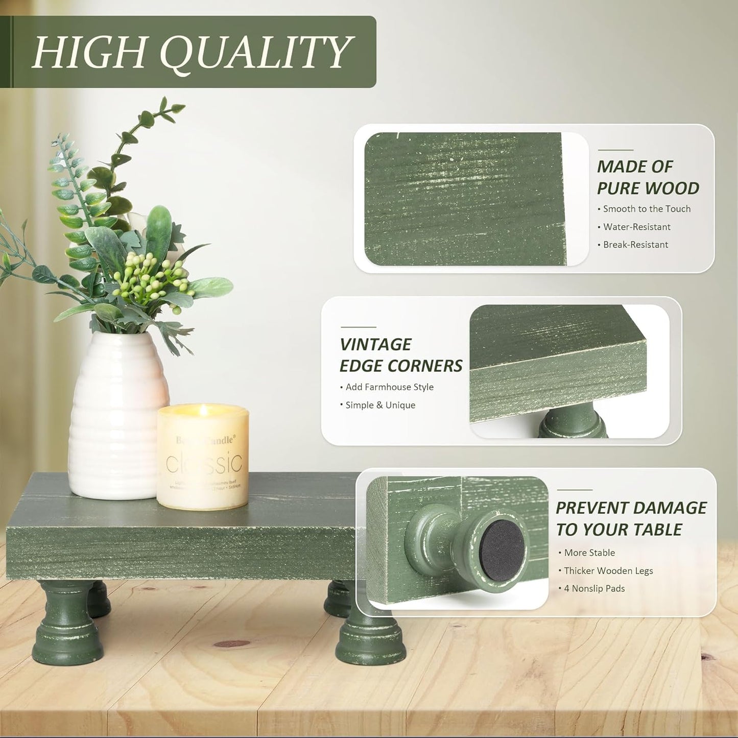 EOSAHR Pine Wood Riser Display Stand for Coffee Table – Stylish Pedestal Stand to Showcase Your Bathroom Accessories – Farmhouse Home Decor for Displaying Plant, Cupcakes and Soap Dish (Green)