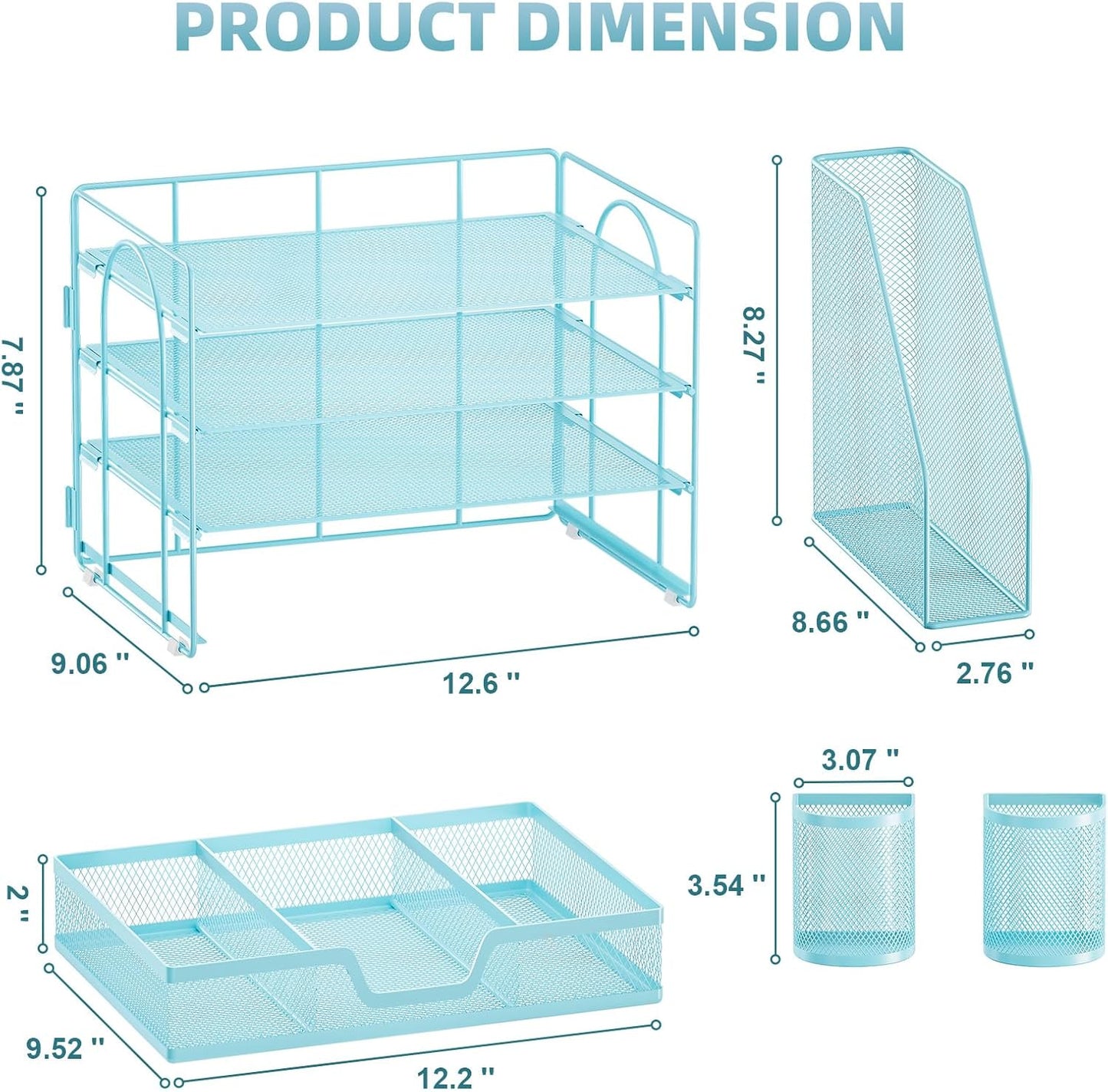 Marbrasse Desk Organizer and Accessories，4-Tier Paper Letter Tray Organizer with File Holder, Desk Accessories & Workspace Organizers with Drawer and 2 Pen Holder (Blue, 15.4" x 9.1" x 8.3")