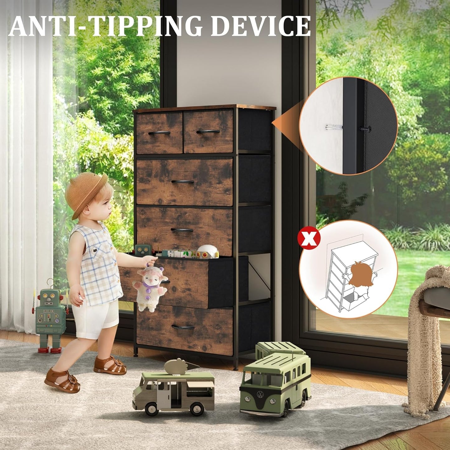 Fabric Dresser for Bedroom, Tall Skinny Dresser with 6 Drawers, Storage Organizer Tower, Steel Frame Wooden Top for Closet, Living Room, Hallway(Rustic Brown)