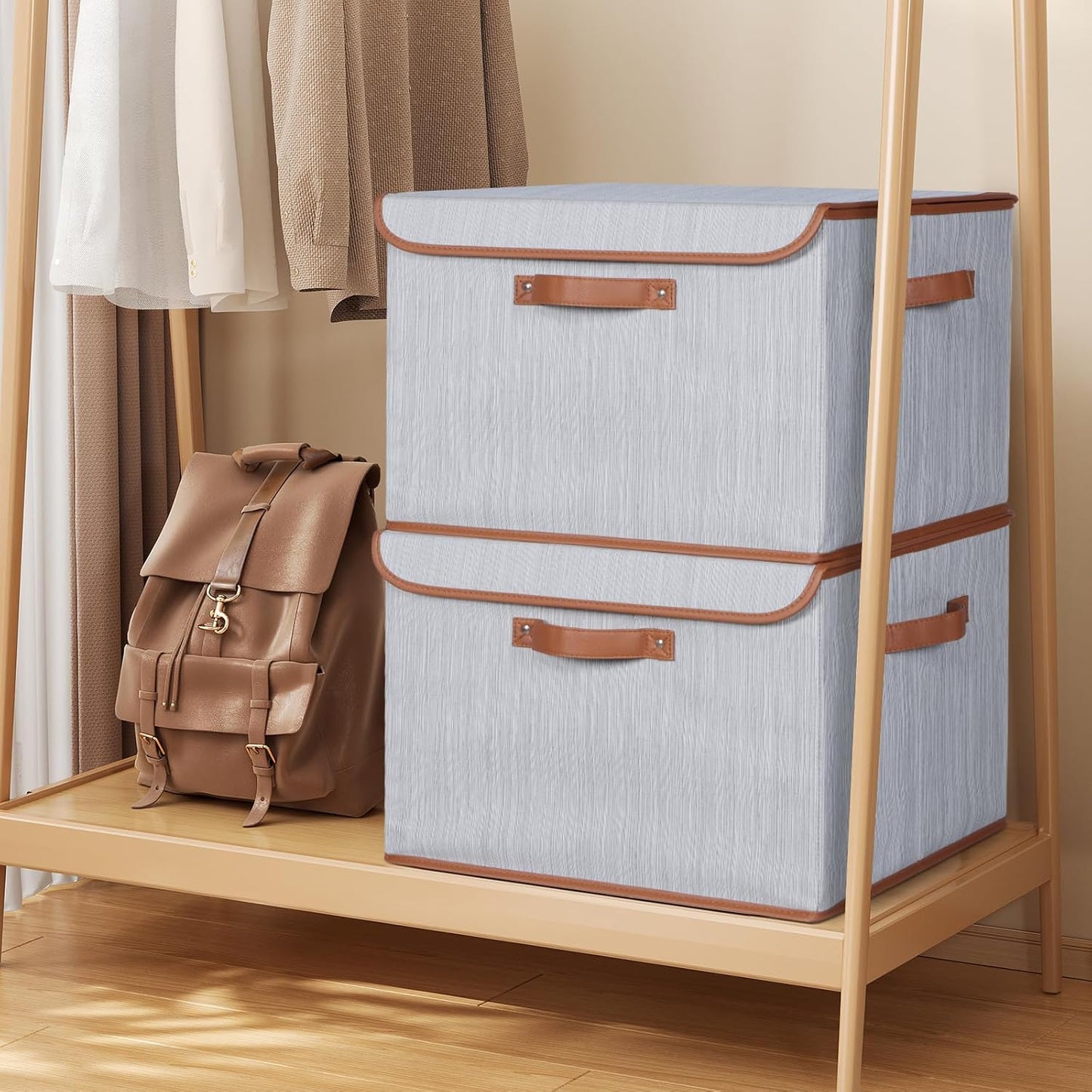 Univivi Heavy Duty Fabric Storage Bins with Lid, Large 17" 10 Gallon Stackable Storage Bins with Leather Handles, Decorative Storage Boxes with Lids for Bedroom, Closet, Nursery, Office, 3-Pack(Grey)