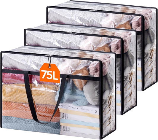 Lifewit 3 Pack Clear Clothes Storage Bags, 75L Large Plastic Blanket Storage, Vinyl Foldable Moving Bags with Zipper, Closet Organizers Containers for Comforter, Bedding, Duvet, Pillow