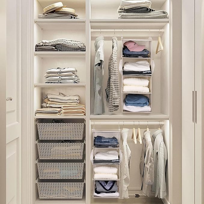 MAX Houser 4 Tier Shelf Hanging Closet Organizer, Space Saver,Closet Hanging Shelf with 2 Sturdy Hooks for Storage, Foldable (Beige)