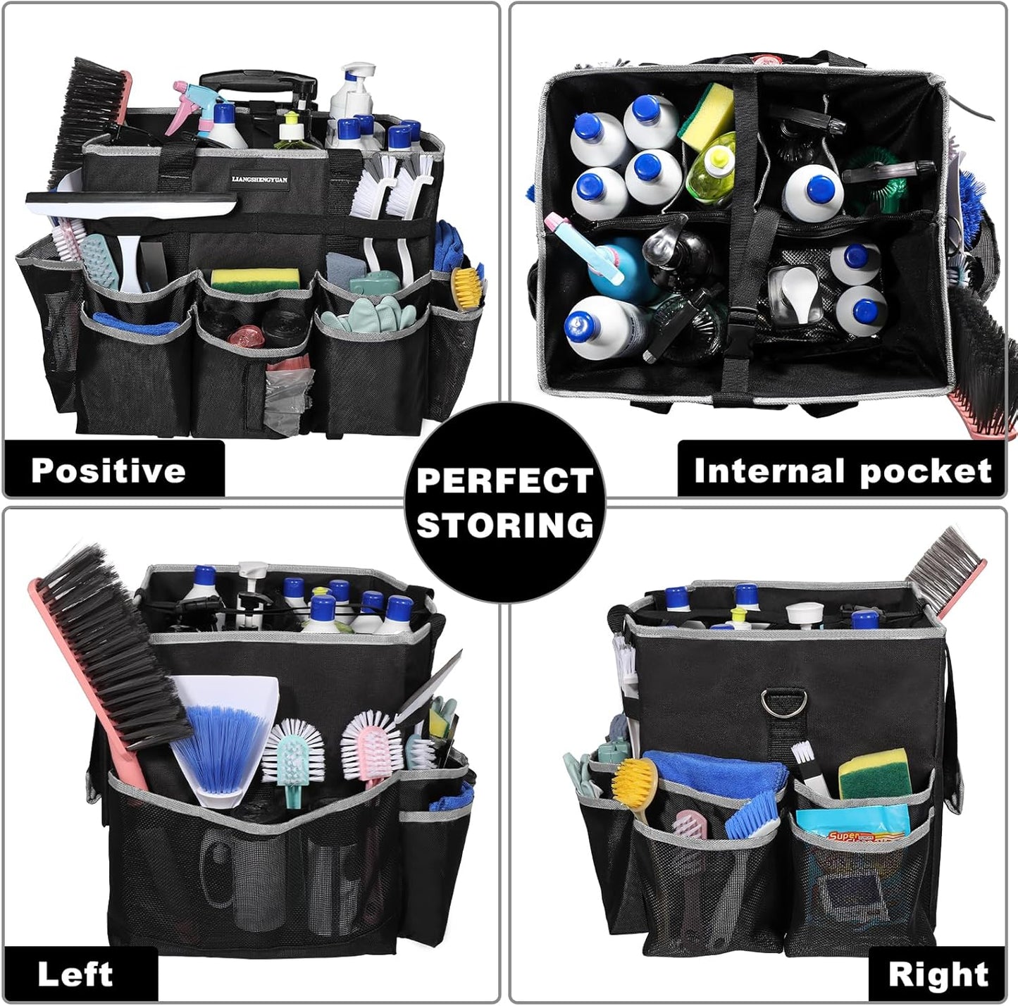 Large Rolling Cleaning Caddy Bag, Cleaning Caddy with Wheels with Detachable Trolley for Housekeepers, Water Resistant Cleaner Supplies Organizer with Wheels for Kitchen, Car, Picnic (Black-Grey)