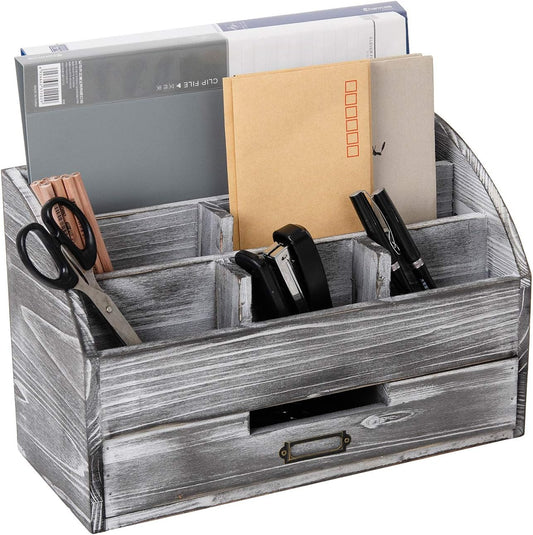 Distressed Rustic Wooden Office Desk Organizer 5 Compartment with 2 Drawer &Counter Desk Tabletop Desktop Mail Rack , Pens, Notebooks, Folders, Pencils and Office Supplies (grey)