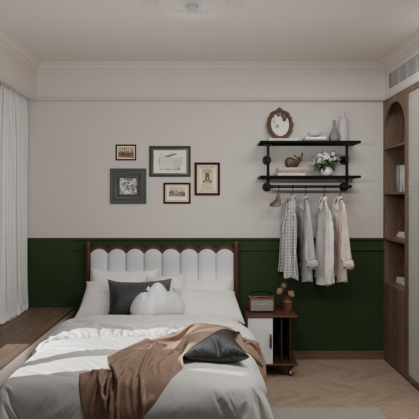 Clothes Rack 36in, 2-Tier Wall Mounted Garment Rack with Real Wood Shelf, Heavy Duty Hanging Clothes Rack, Multi-Purpose Hanging Rod, Space-Saving Closet Storage