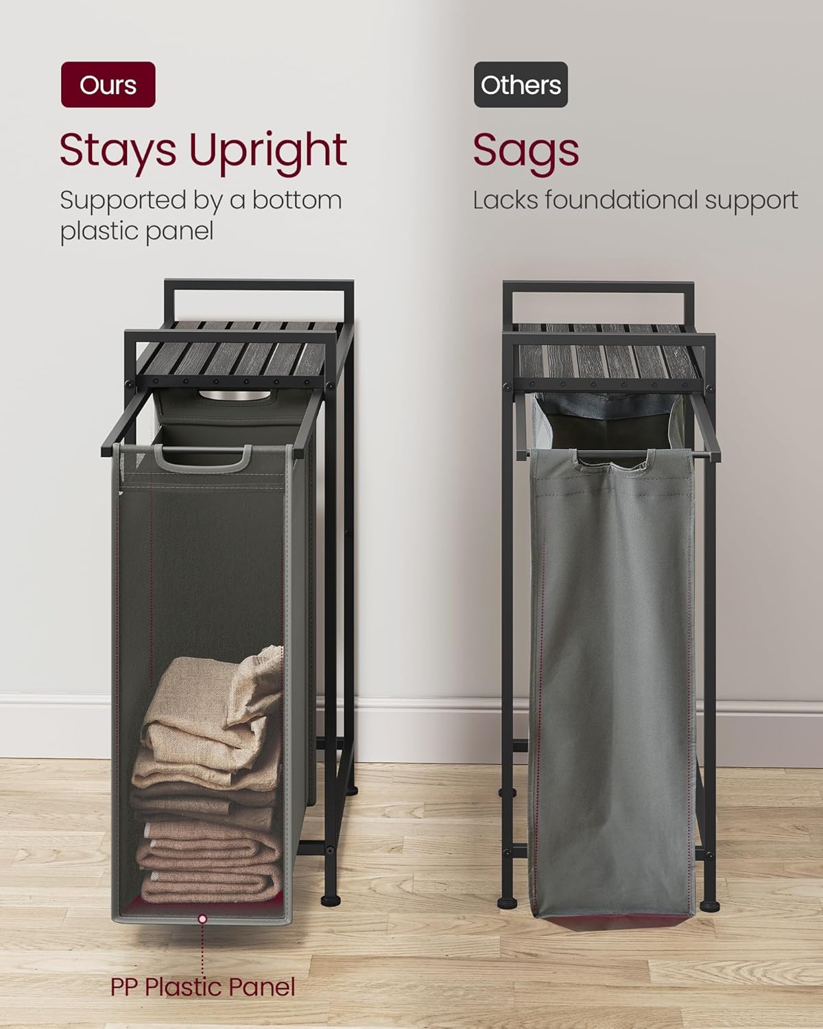 VASAGLE Laundry Hamper, Laundry Basket, Laundry Sorter with a Pull-Out and Removable Bag, Shelf, Metal Frame, 12.4 Gallons (47 L), 16.5 x 11 x 29.5 Inches, Slate Gray and Charcoal Gray UBLH001G01