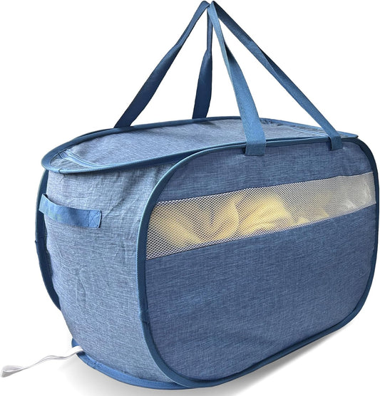 Upgraded 100L Extra Large Mesh Pop Up Laundry Hamper with Lid and Handles. XL Closet Storage Bins, Dirty Clothes Basket for Dorm Home, Foldable Laundry Basket. Blue. H