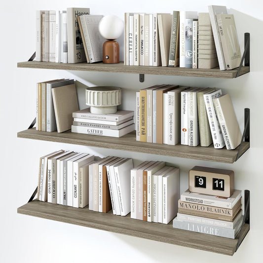 Fun Memories Floating Shelves for Wall, 36 Inches Long Set of 3 Wall Shelves for Bedroom, Floating Bookshelves with Metal Brackets for Living Room, Kitchen, Bedroom and Laundry Room (Grey)