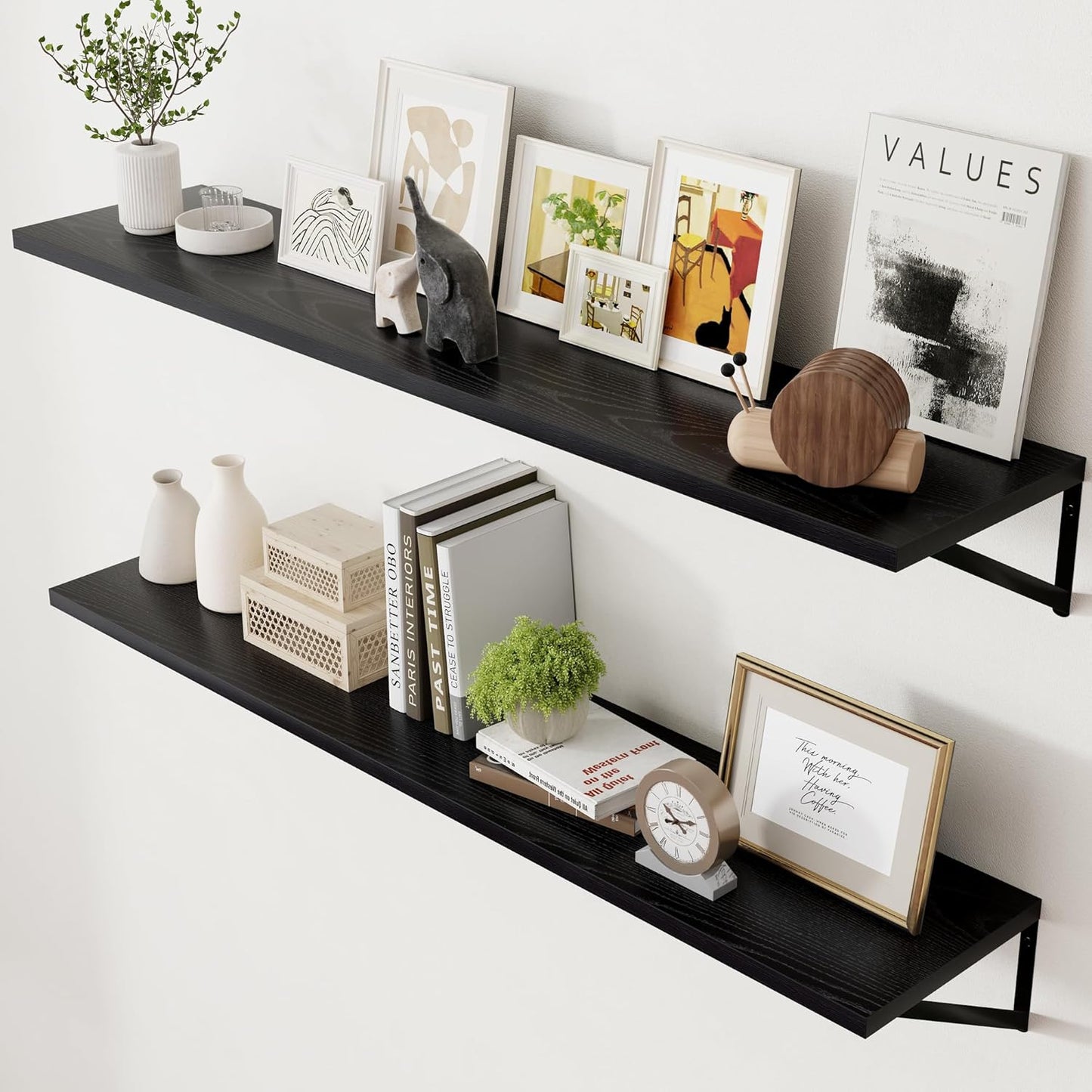 Axeman Floating Shelves for Wall Black- 55 Inch Wide x 12 Inch Deep Wall Shelves Set of 2 - Black Deep Wood Floating Shelves for Living Room Bedroom Laundry Room