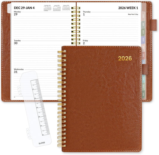 SUNEE 2026 Weekly & Monthly Planner 6.4"x8.5"- 12 Month (January 2026 - December 2026), Vegan Leather Cover, Pocket, Bookmark, Notes, Monthly Tab, Brown