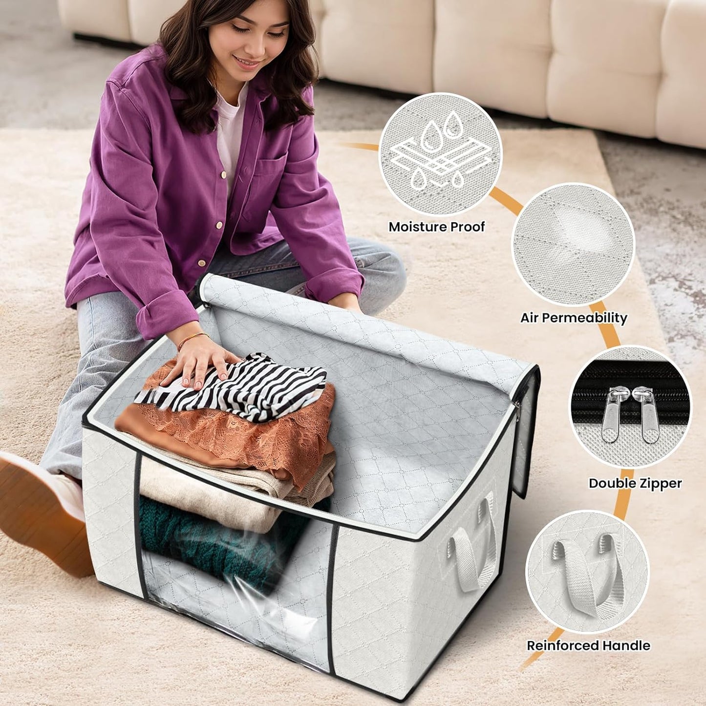 Fab totes 24 Gallons Clothes Storage, Foldable Thick Fabric Blanket Storage Bags, Containers for Organizing Bedroom, Closet, Clothing, Comforter, Organization with Handle (4 Pack,Ivory)