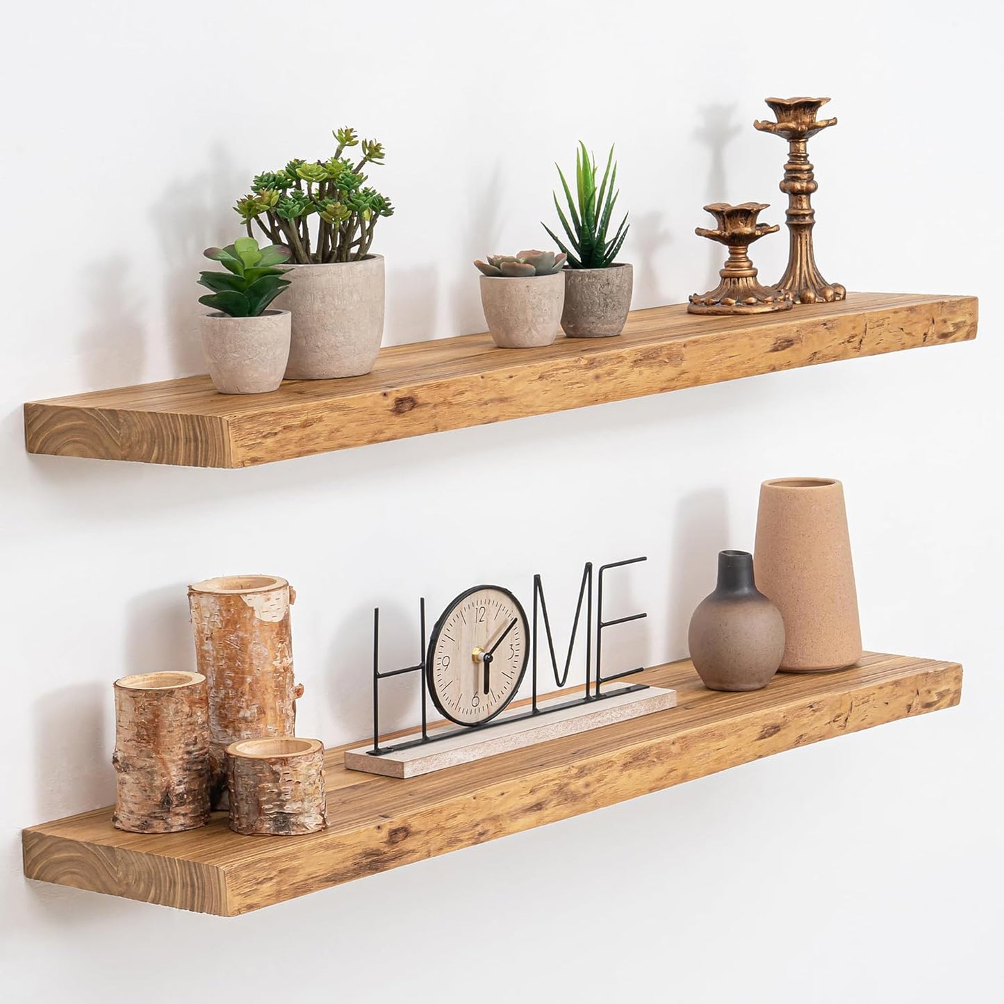 Floating Shelves, 8" Deep Rustic Solid Wood Wall Mounted Floating Shelves, Wall Shelves with Invisible Bracket for Living Room Bathroom Bedroom Kitchen, 32 Inch Set of 2, Natural