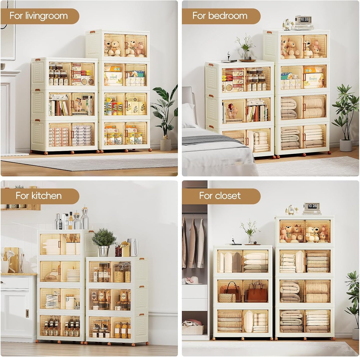 JEKO&JEKO 608Qt Foldable Storage Bins with Lids, Doors & Dividers, Stackable Plastic Drawers with Wheels for Home, Closet & Garage Organizer, 3 Pack, Cream