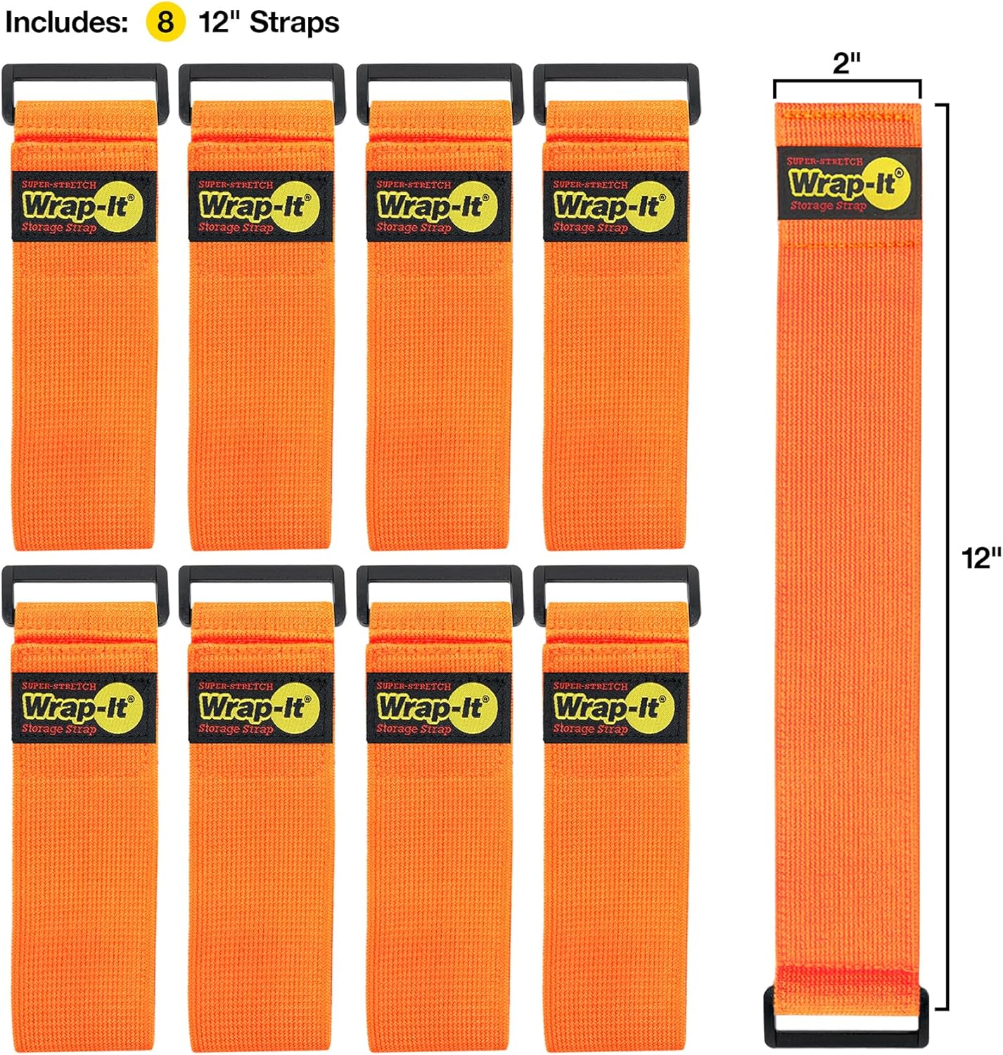 Super-Stretch Wrap-It Storage Straps - 12" (8-Pack) Orange - Elastic Hook and Loop Cinch Straps Extension Cord Organizer Hose and Cables Wraps