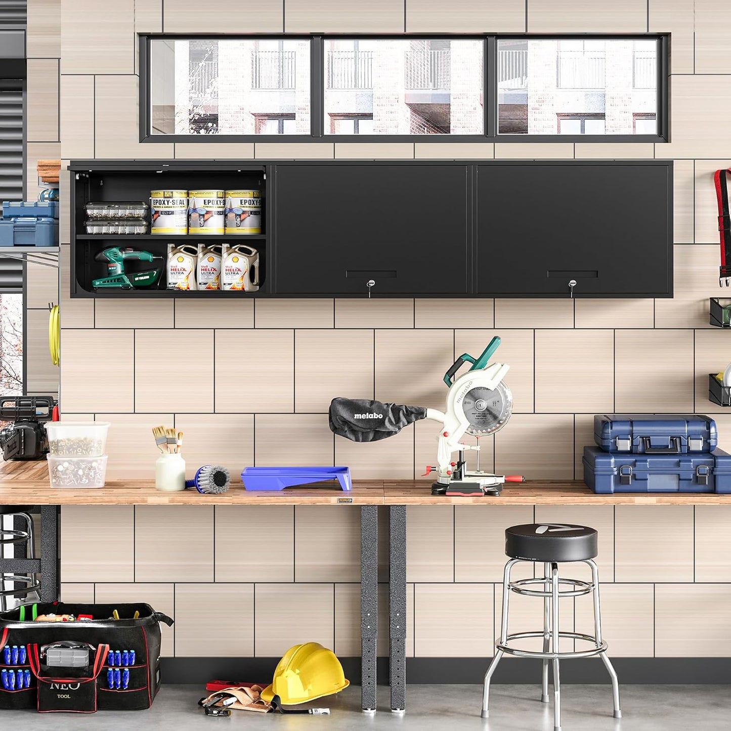 Metal Wall Cabinet with Locking Door and Shelf, Hanging Garage Cabinets with Up-Flip Doors for Garage, Warehouse, Home, Office, Assembly Required (Black, One Cabinet)