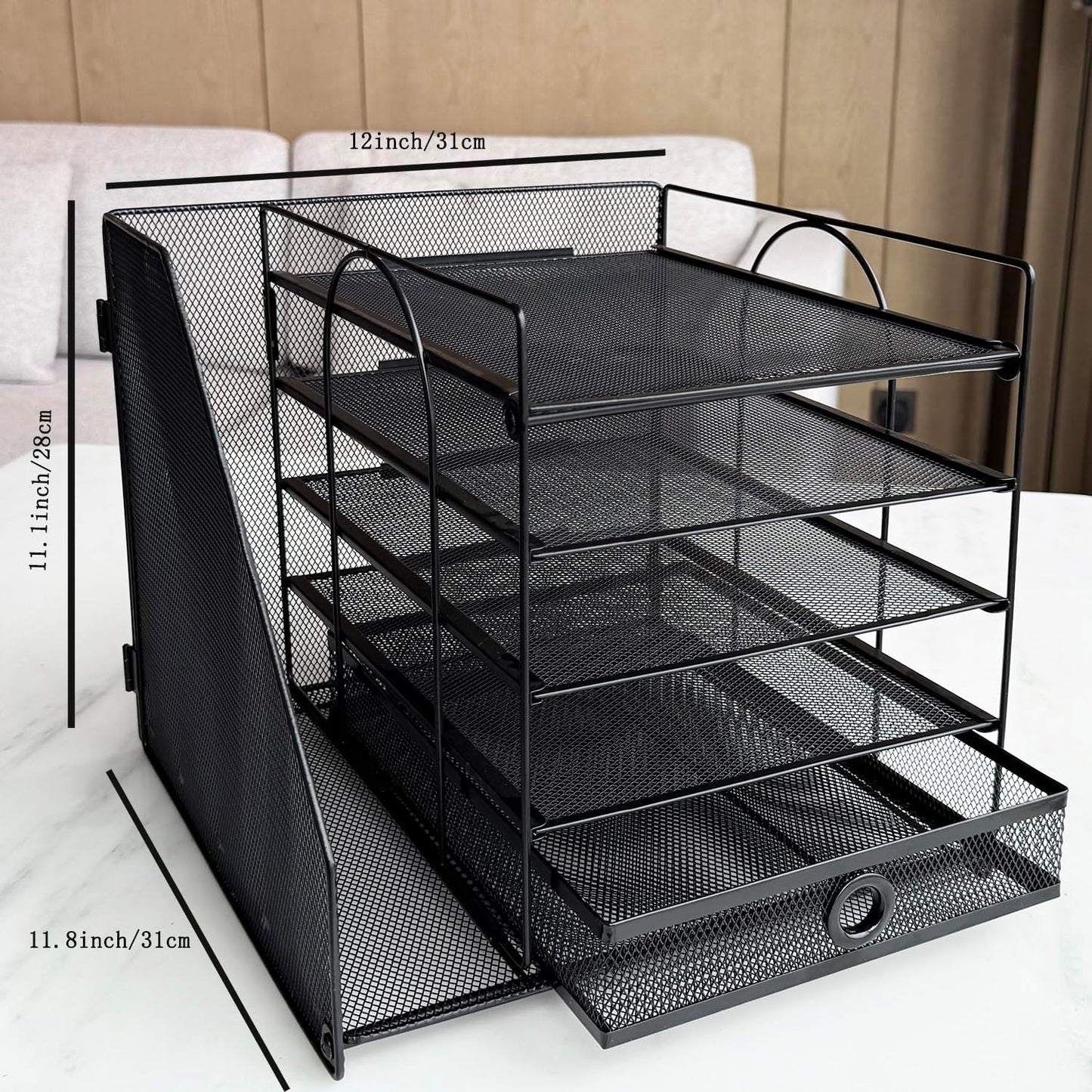 5-Tier Paper Letter Organizer with File Holder, Desk Organizer with Drawer, Mesh Desktop Storage with Magazine Holder for Office Supplies (Black)