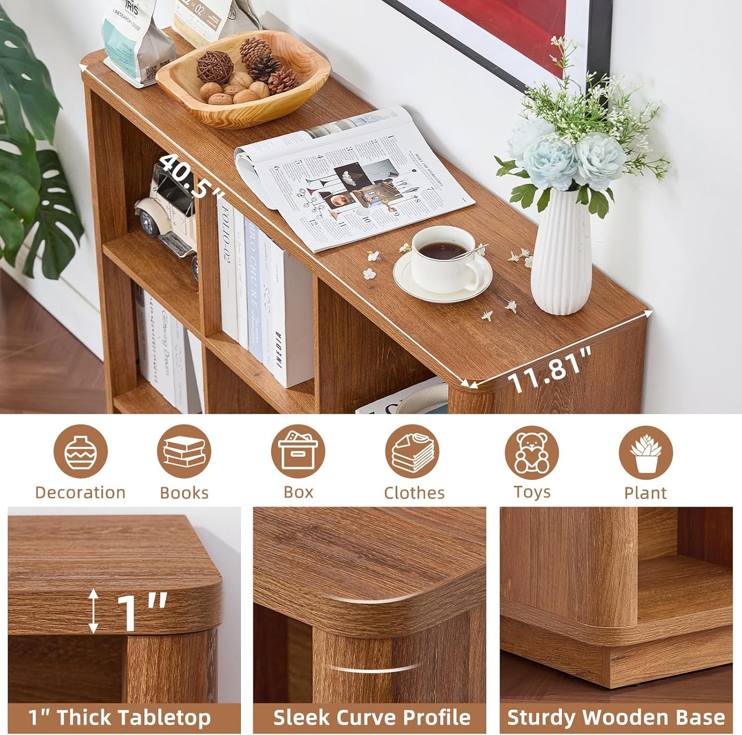 6 Cube Storage Book Shelf, 40" Wide Low Horizontal Bookcase with Curved Edge, Floor Standing 2-Tier Wooden Bookshelf with Base, Modern Short Book Case for Bedroom, Study, Entryway, Brown