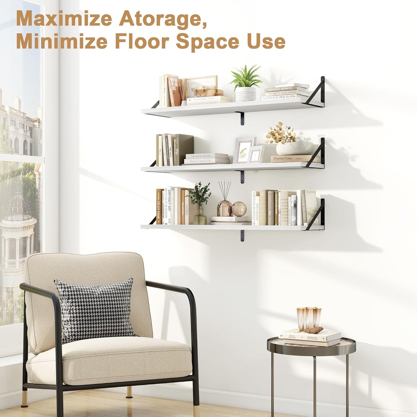 Fun Memories Floating Shelves for Wall, 36 Inches Long Set of 3 Wall Shelves for Bedroom, Floating Bookshelves with Metal Brackets for Living Room, Kitchen, Bedroom and Laundry Room (White)